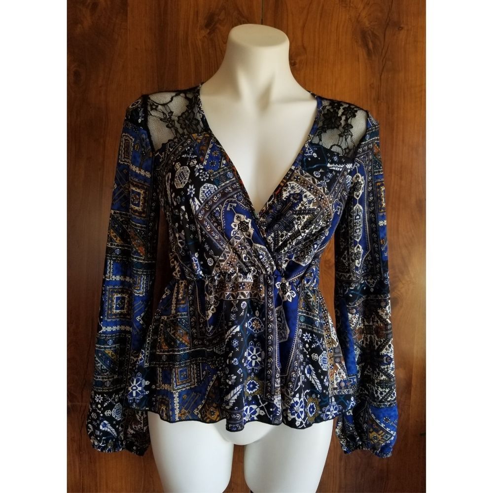 I.Joah Bohemian Print Lace Pelum Blouse Top